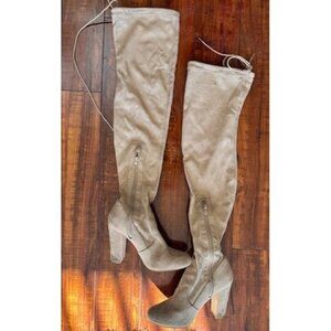 Lulu's Taupe Over-The-Knee Medieval Heeled Boots Side Zipper & Tie Closures 8.5